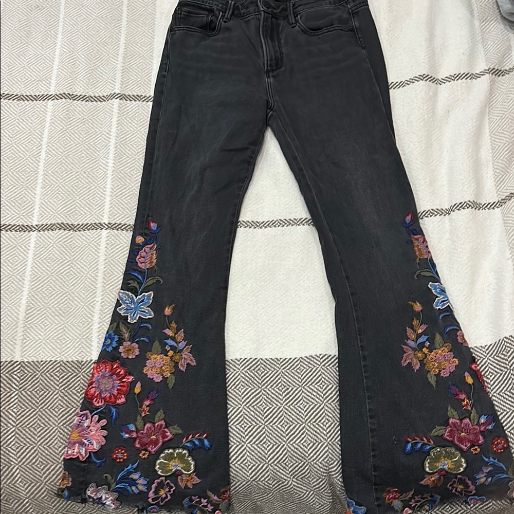 DRIFTWOOD Black Flare Jeans with Floral Embroidery